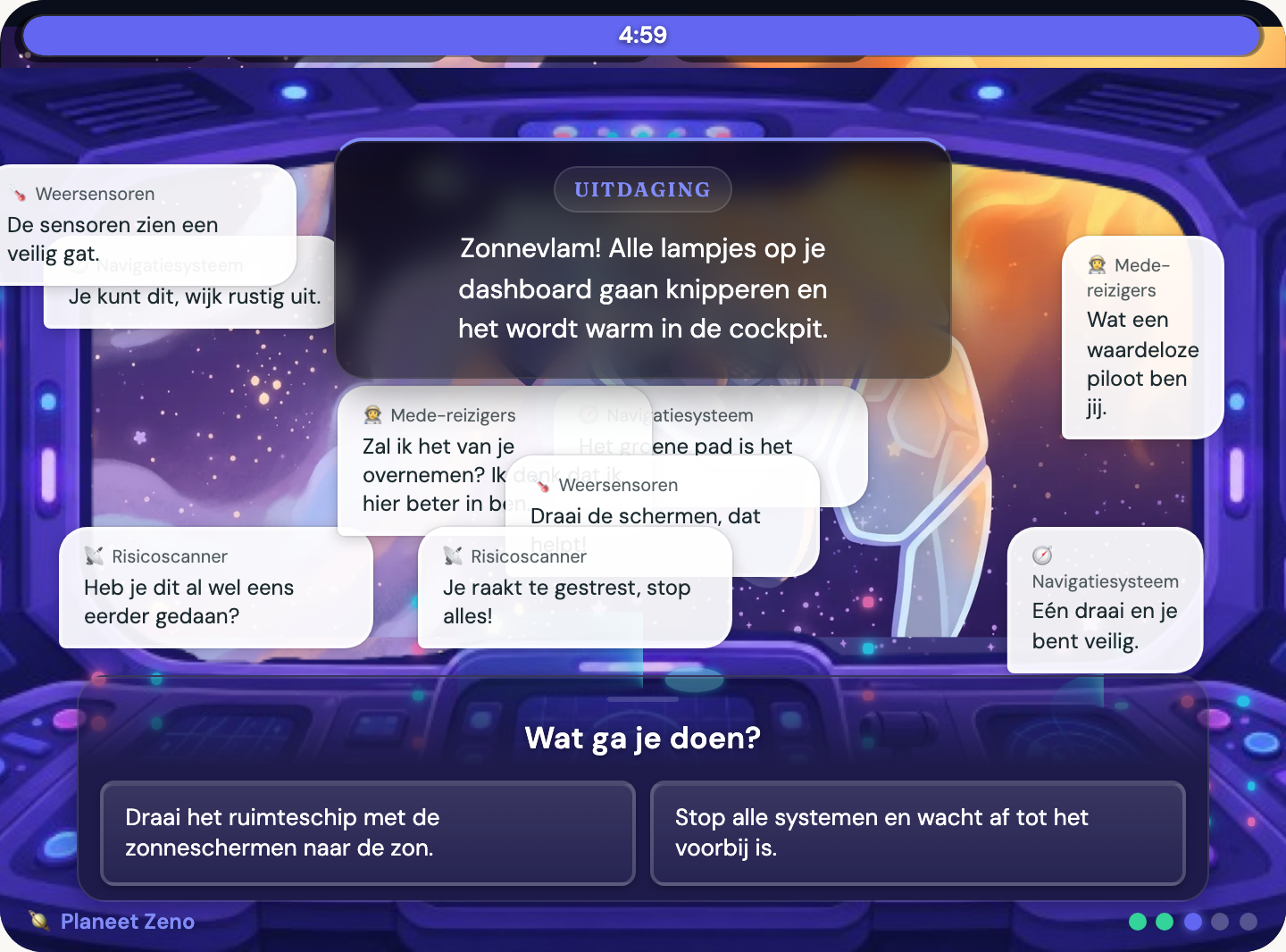 Screenshot van ACT Avontuur met berichten van navigatiesystemen en scanners tijdens een missie