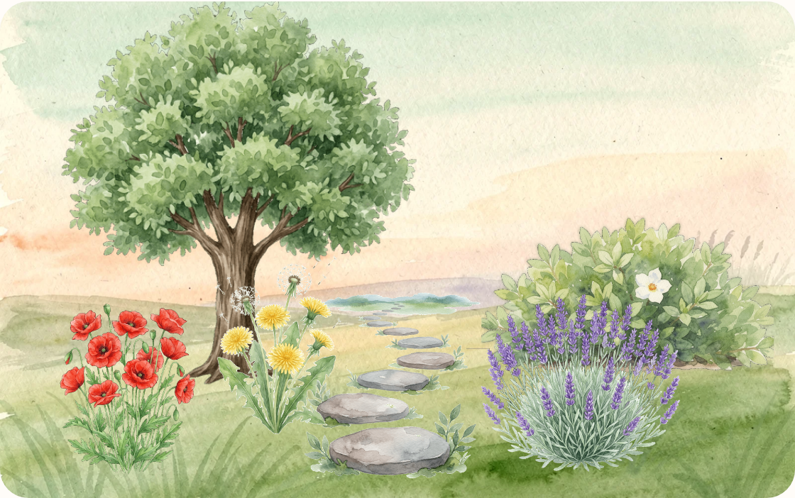 Screenshot van de Bloom-tuin met zes thema's op niveau 3